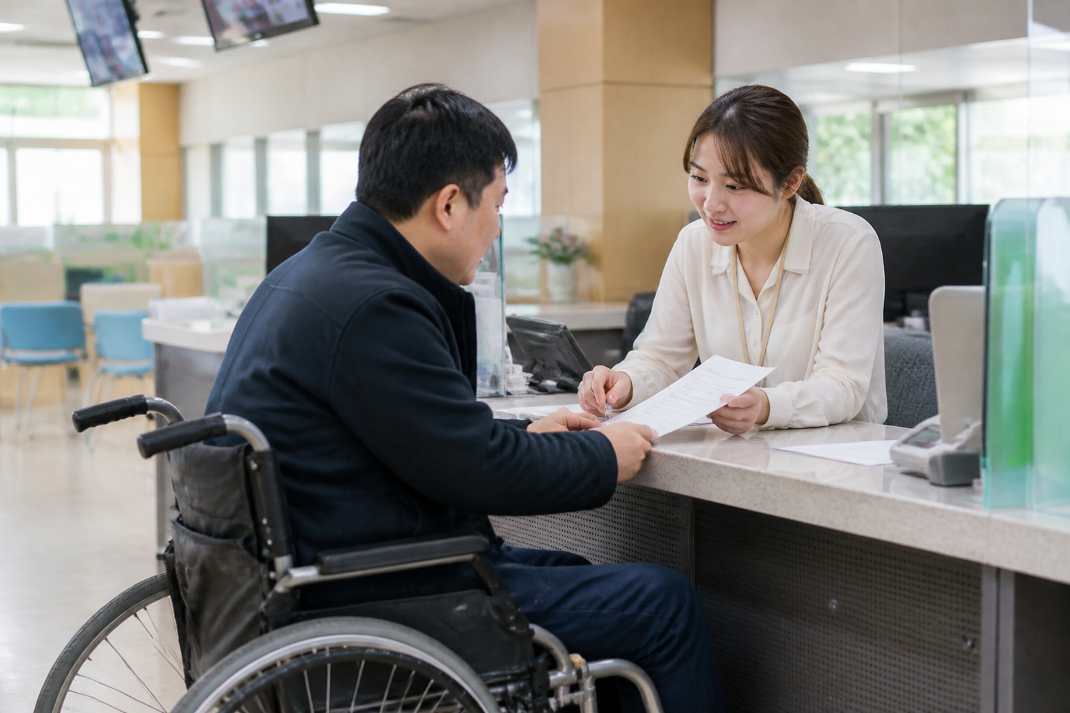 휠체어를 이용하는 중증장애인이 주민센터 창구에서 상담원과 장애인연금 신청을 상담하는 모습