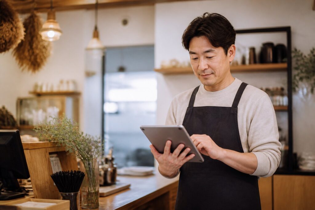 작은 가게 안에서 태블릿으로 재무를 살펴보는 소상공인, 노란우산공제 절세 개념